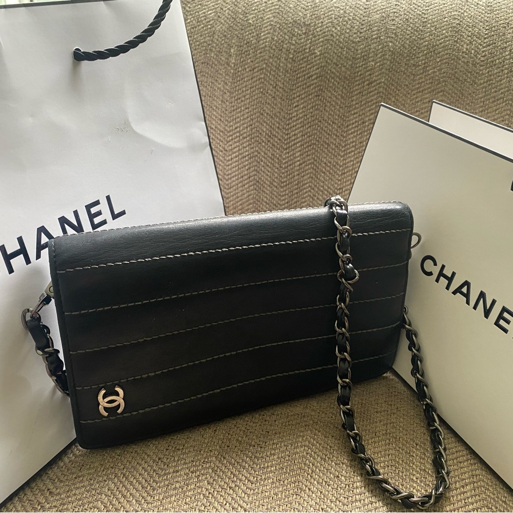 Chanel Black Leather Authenticlong Wallet / Crossbody Bag